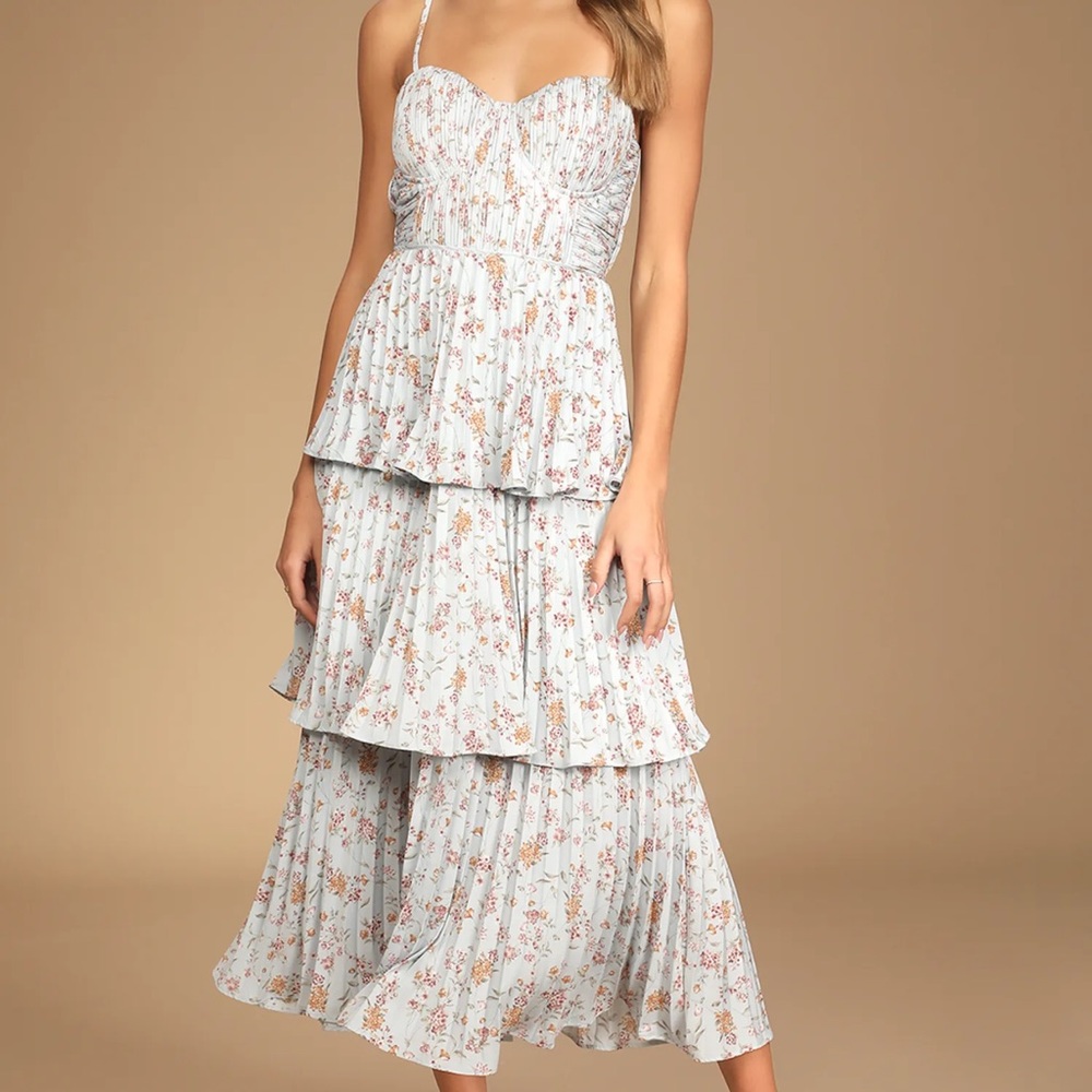 Lulus Cascading Crush Pale Blue Floral Print Tiered Bustier Midi Dress